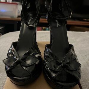 Qupid Black Patent Bow Platform Heels - Ankle Strap